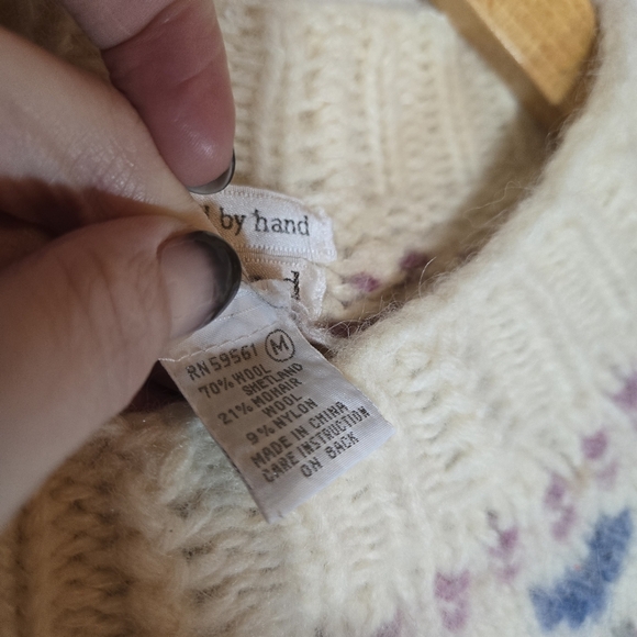 Vintage Hearts Wool Mohair Chunky Knit Sweater Fair Isle Grandma Cottagecore M - Picture 5 of 9